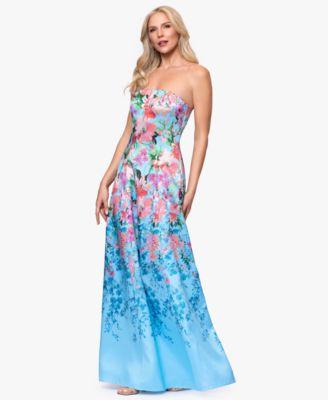 betsy adam womens floral print strapless ball gown
