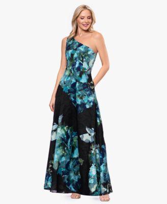 betsy adam womens one shoulder burnout print ball gown