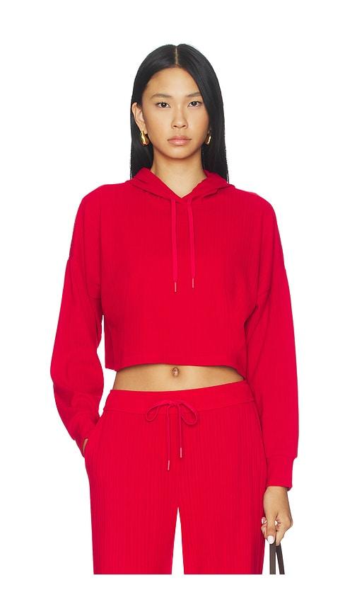 beyond yoga breathe easy ribbed cropped hoodie in red.