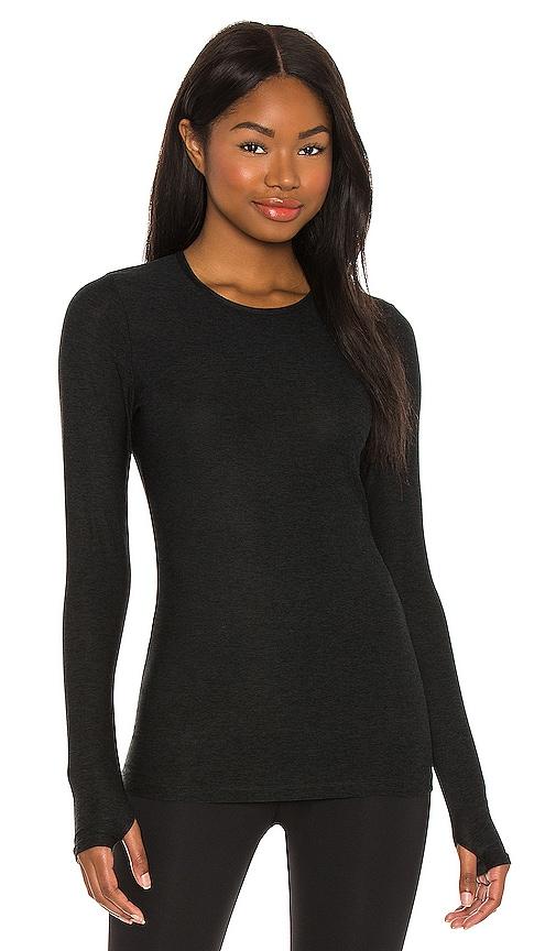 beyond yoga classic crew pullover in black.