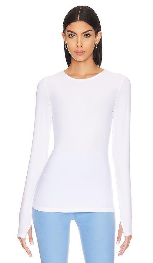 beyond yoga classic crew pullover in white.
