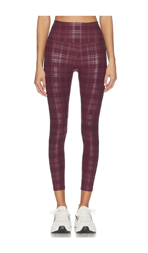 beyond yoga high waisted midi legging in burgundy.