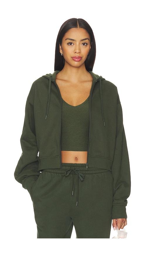 beyond yoga luxe fleece zip up hoodie in dark green.