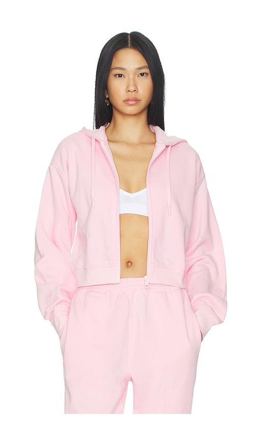 beyond yoga luxefleece zip up hoodie in pink.