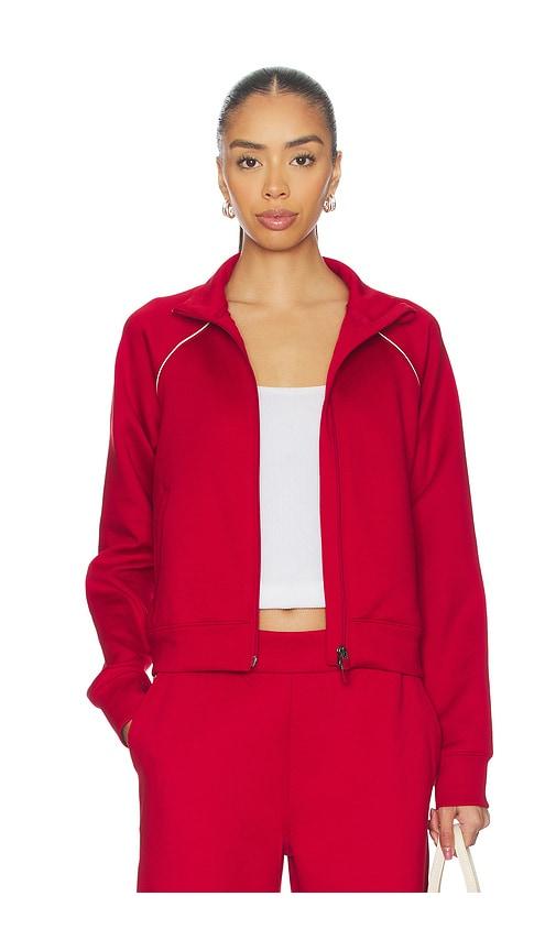 beyond yoga piped zip front jacket in red.