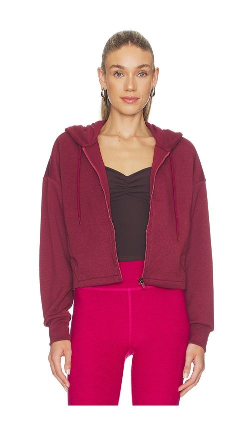 beyond yoga scuba cropped jacket in burgundy.