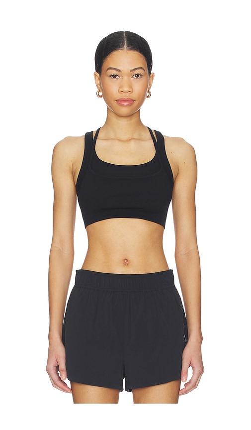 beyond yoga seamless double layer mesh bra in black.