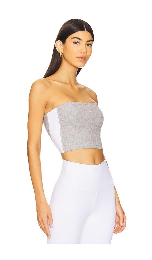 beyond yoga space dye strapless stripe top in grey.