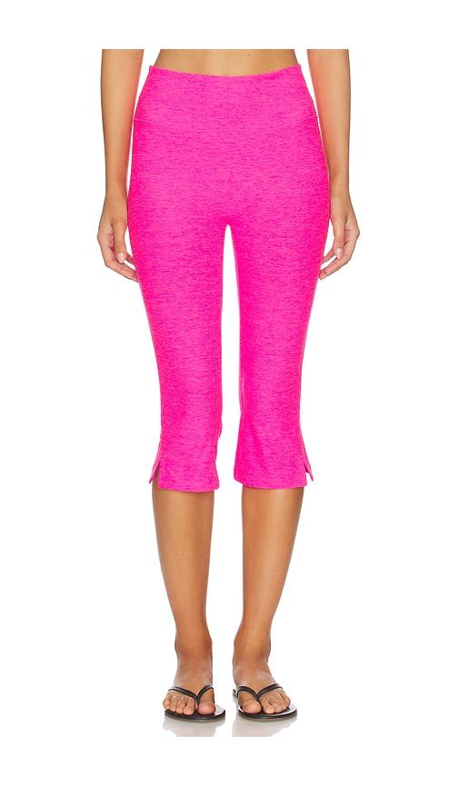 beyond yoga spacedye midi rise slit pedal pusher pants in fuchsia.