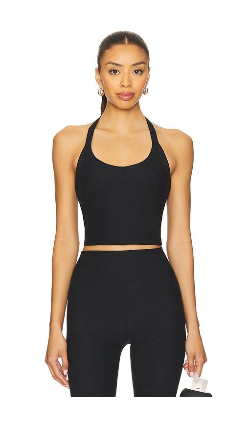 beyond yoga spacedye on the up cropped tank top in black.