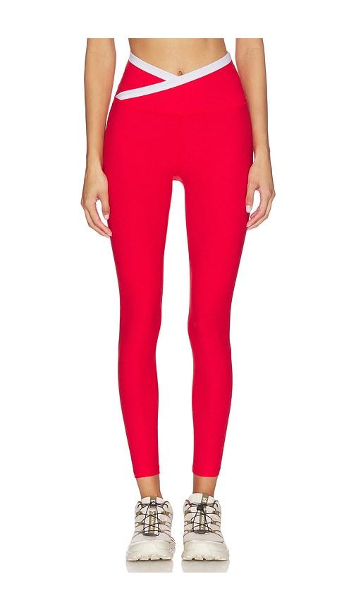 beyond yoga spacedye outlines high waisted midi legging in red.