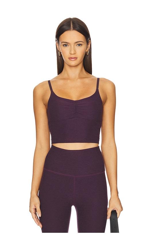 beyond yoga spacedye raised the barre shirred cropped tank top in purple.