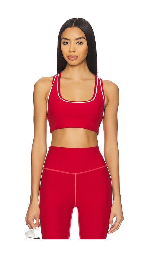 beyond yoga spacedye ready sports bra in red.