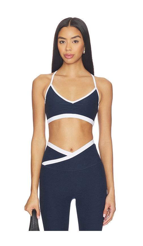 beyond yoga spacedye shirred colorblock bra in navy.