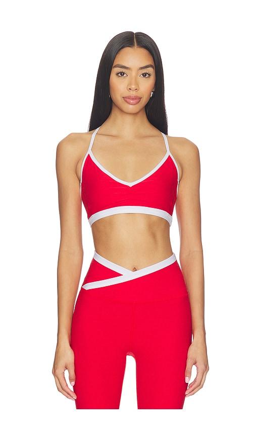 beyond yoga spacedye shirred colorblock bra in red.