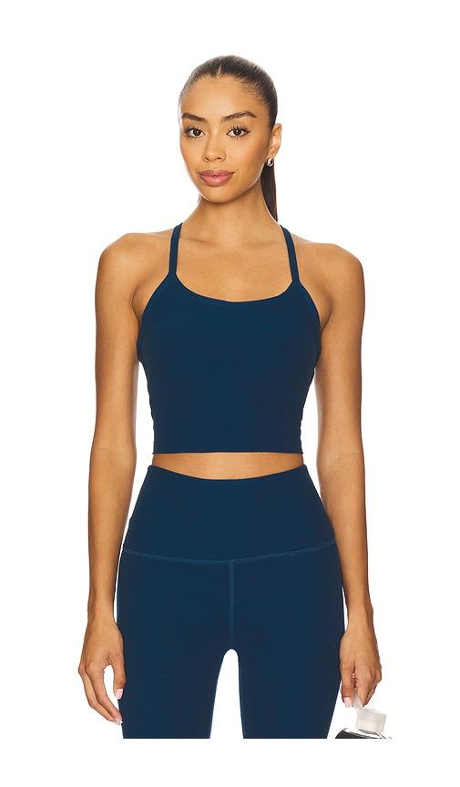 beyond yoga spacedye slim racerback cropped tank top in blue.