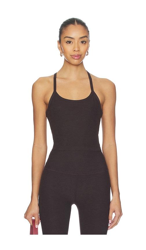 beyond yoga spacedye slim racerback cropped tank top in chocolate.