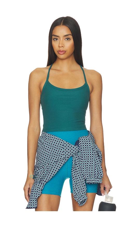 beyond yoga spacedye slim racerback cropped tank top in teal.