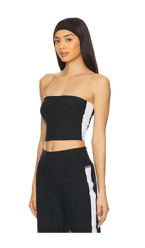 beyond yoga spacedye strapless stripe top in black.