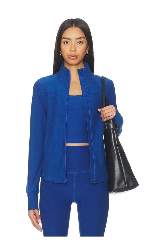beyond yoga spacedye trails active jacket in blue.