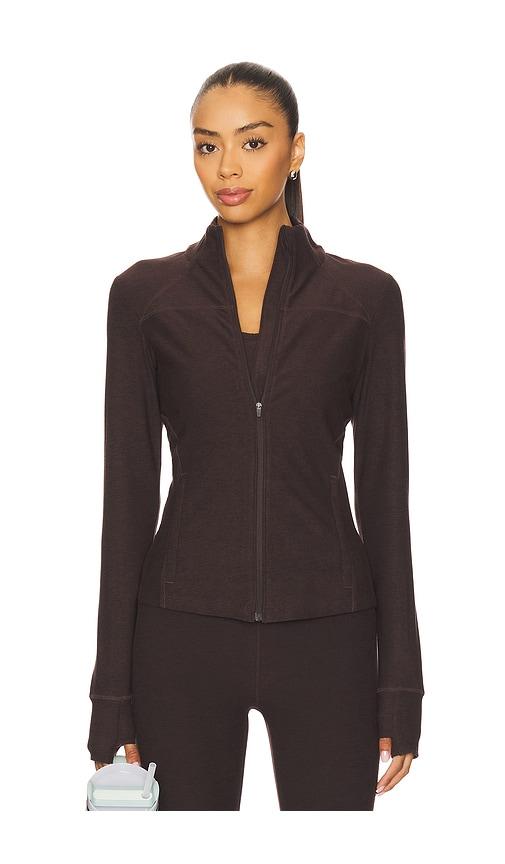 beyond yoga spacedye trails active jacket in chocolate.