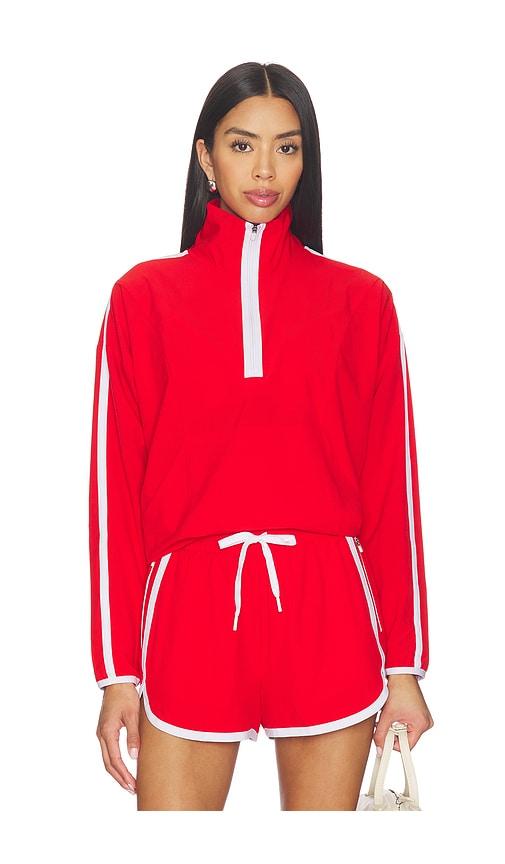 beyond yoga the course contrast half zip pullover in red.