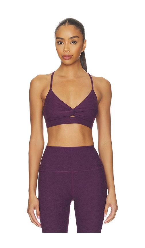 beyond yoga twist front strappy bra in purple.