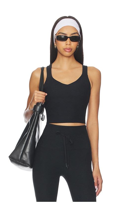 beyond yoga twist through cropped tank top in black.