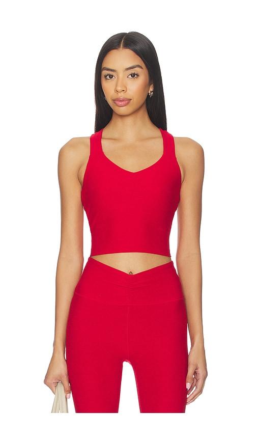 beyond yoga twist through cropped tank top in red.
