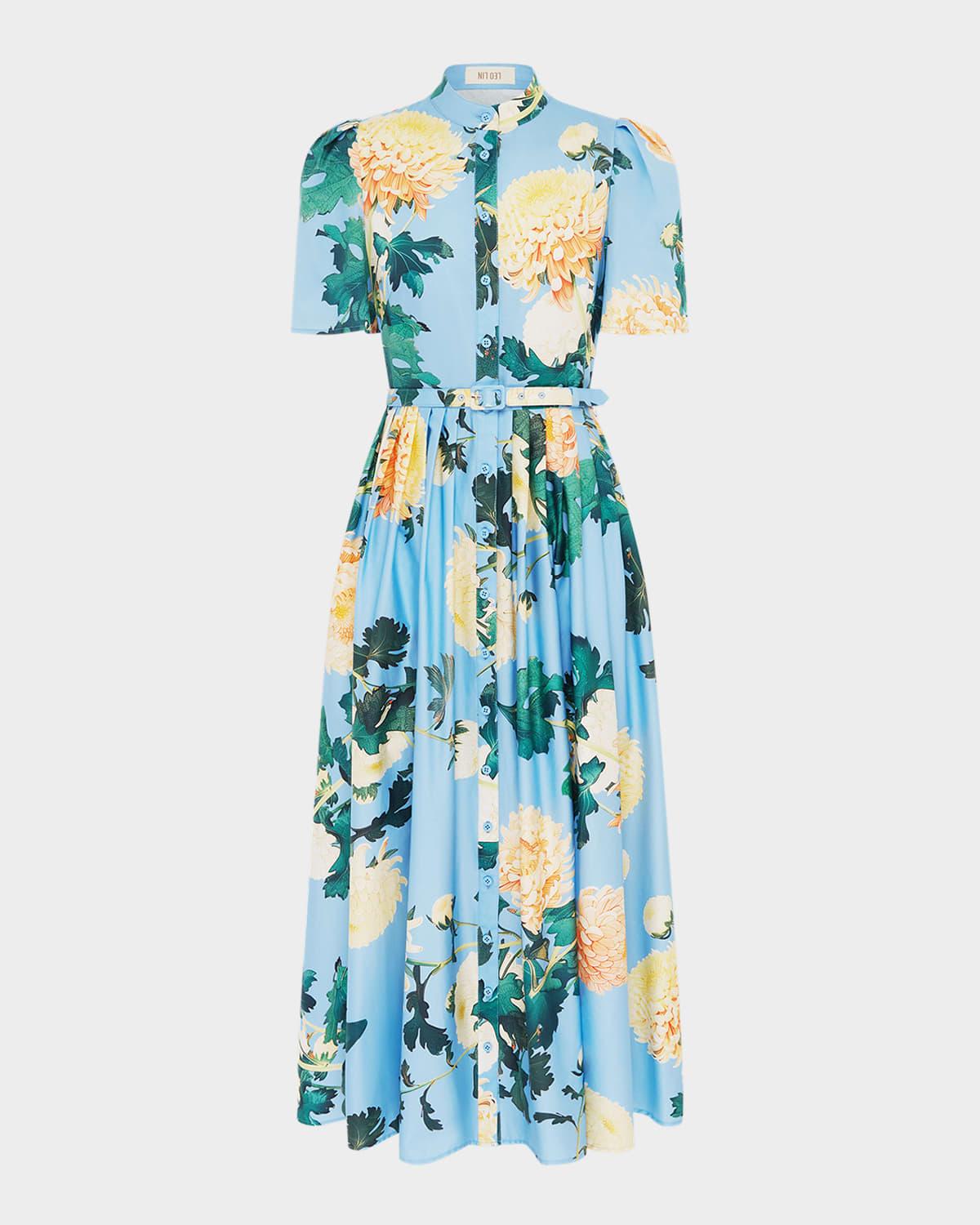 bianca pleated floral-print midi shirtdress