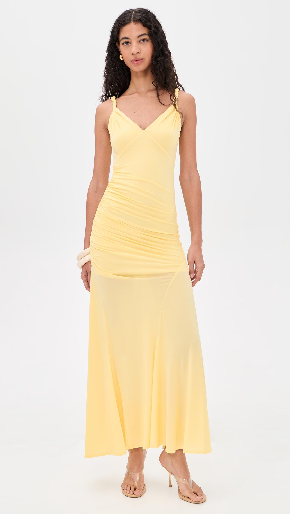 bianca twist strap asymmetrical godet maxi dress