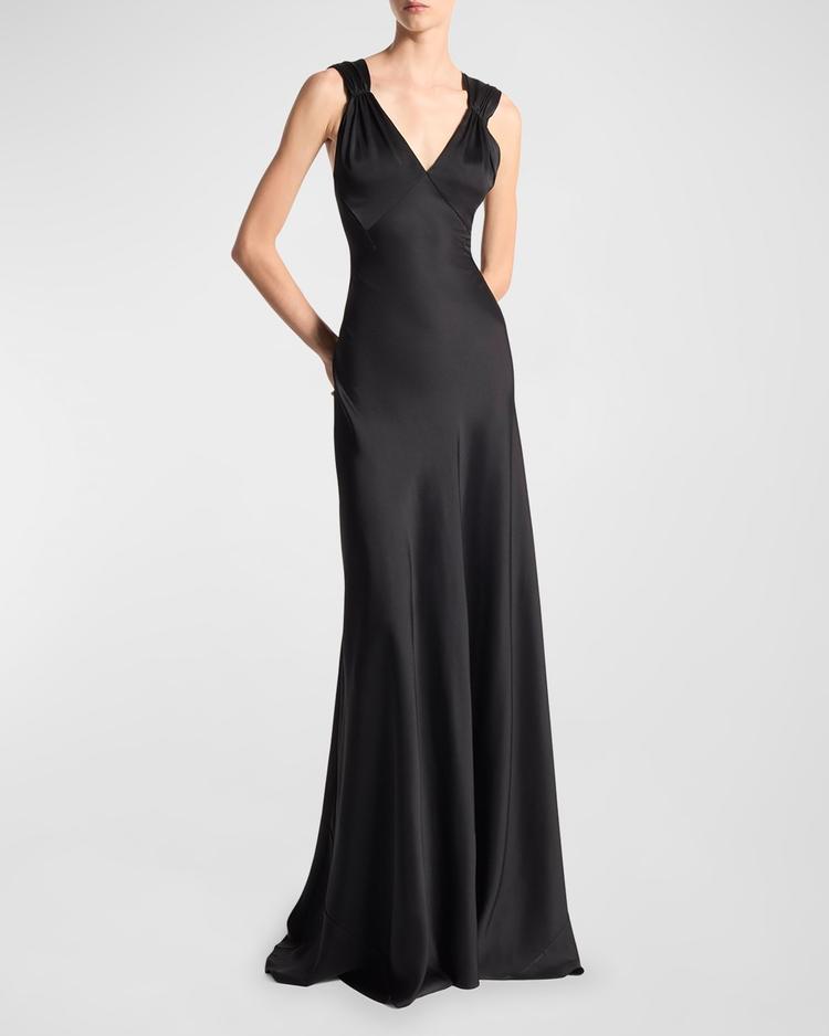 Michael Kors Bias-Cut Satin Charmeuse Gown – A floor-sweeping black gown featuring a V-neckline, sleeveless design, and elegant sheath silhouette.