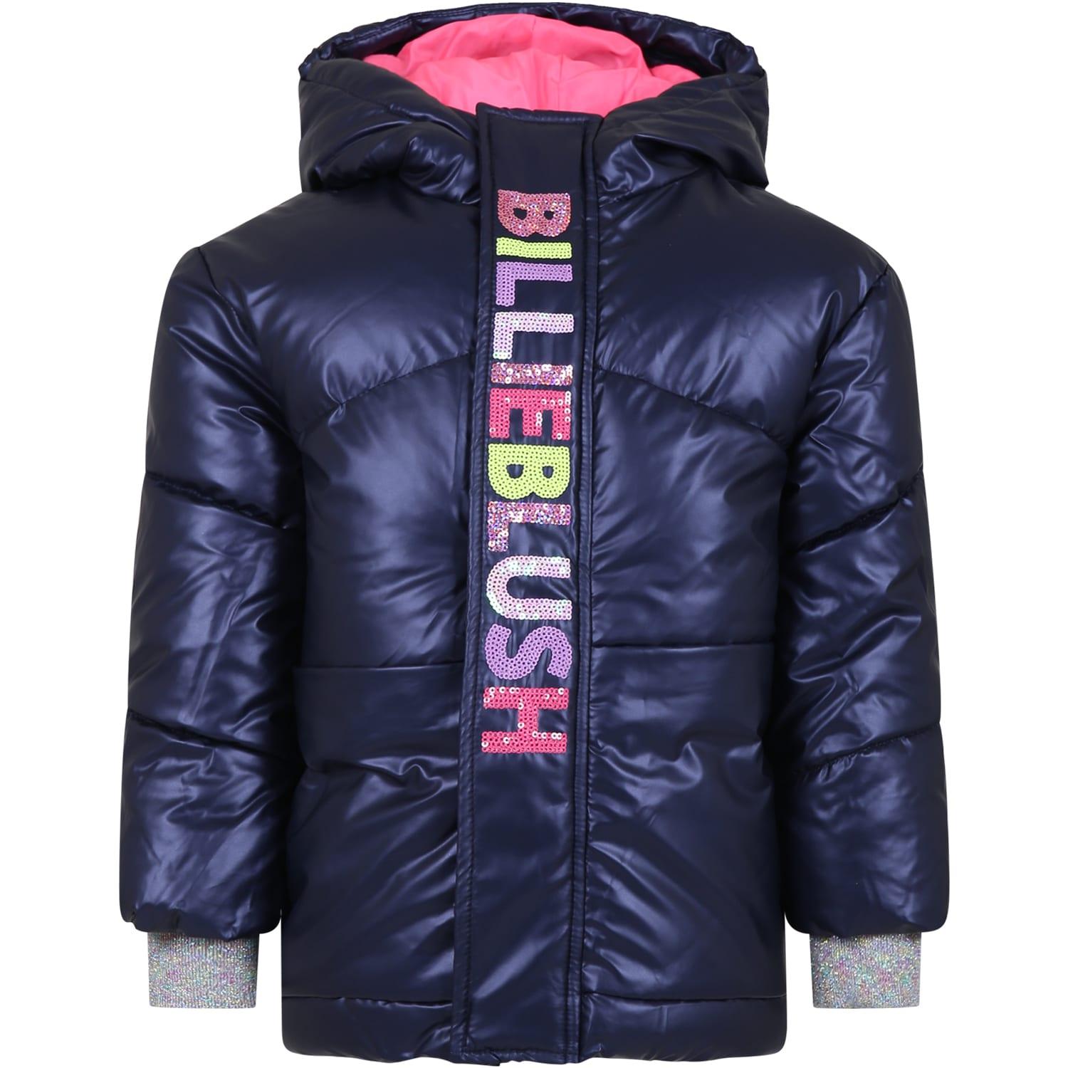 billieblush blue padded coat with sequined logo for girl