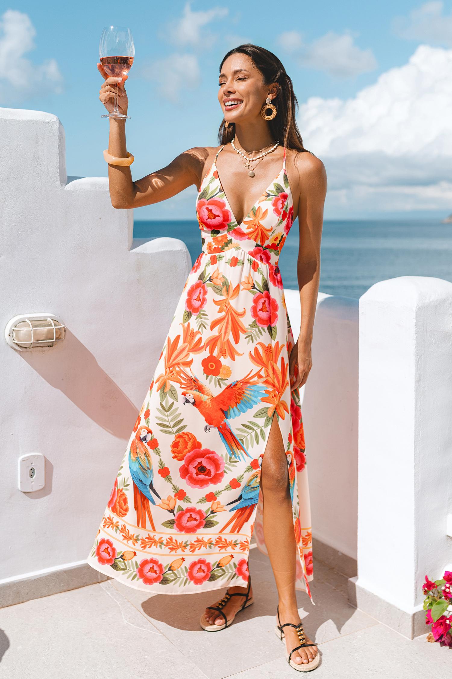 bird paradise tropical maxi dress - l