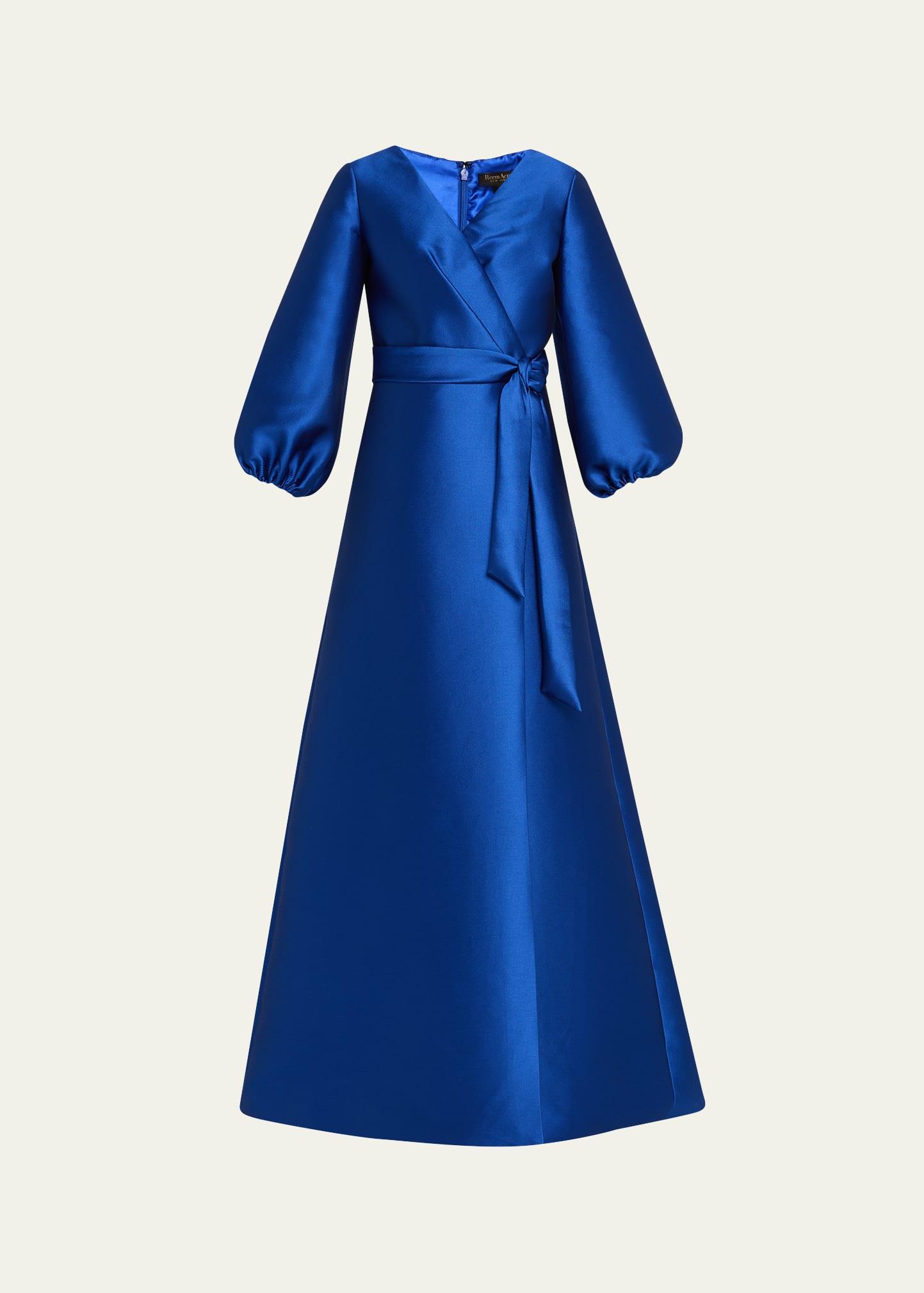 bishop-sleeve mikado pique wrap gown