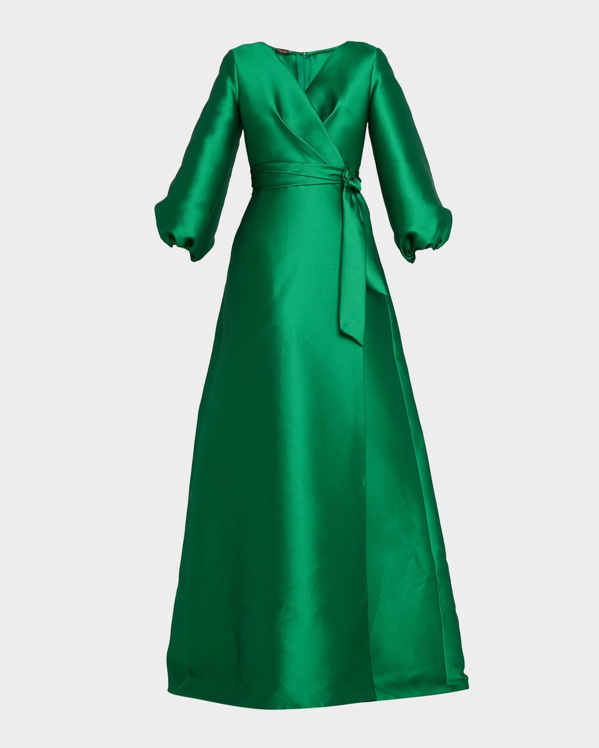 bishop-sleeve mikado pique wrap gown