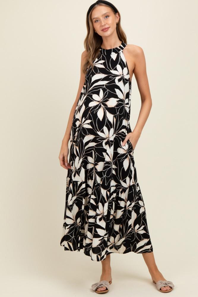 black/beige print halter neck tiered maternity maxi dress