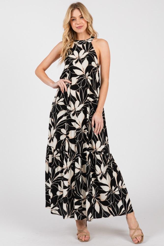 black/beige print halter neck tiered maxi dress