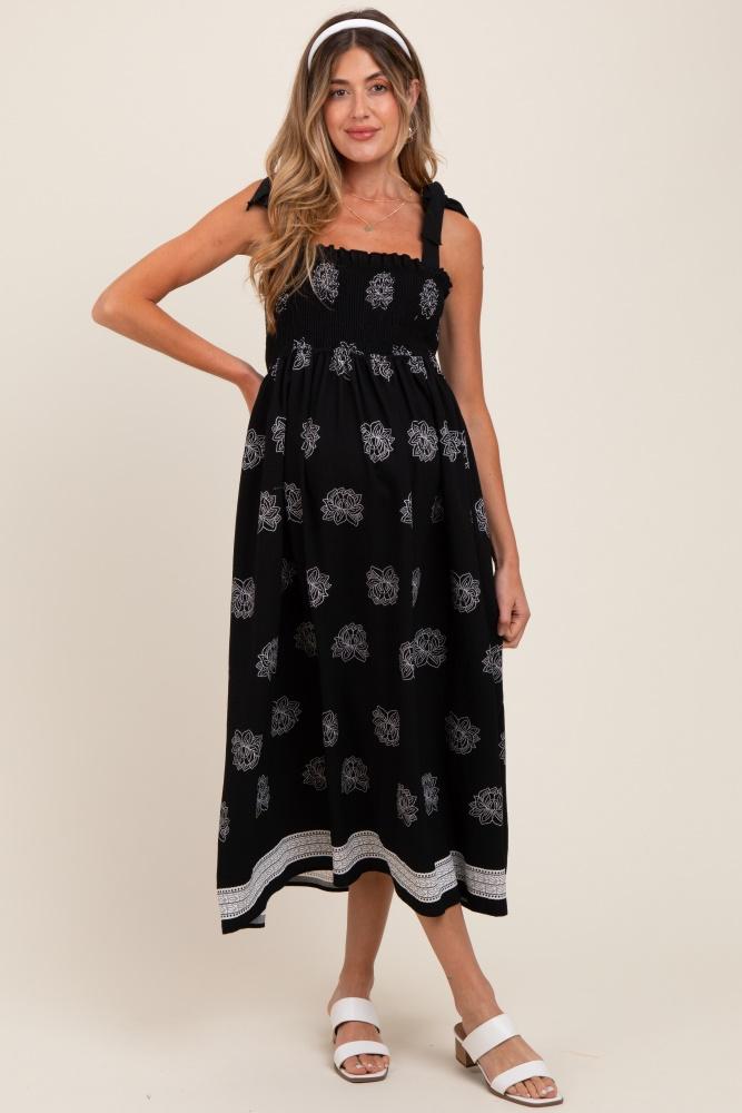 black/cream vintage floral border printed smocked top sleeveless maternity maxi dress