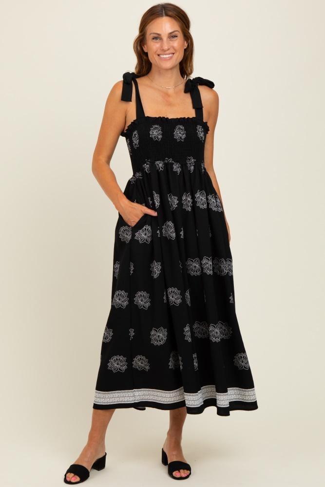 black/cream vintage floral border printed smocked top sleeveless maxi dress
