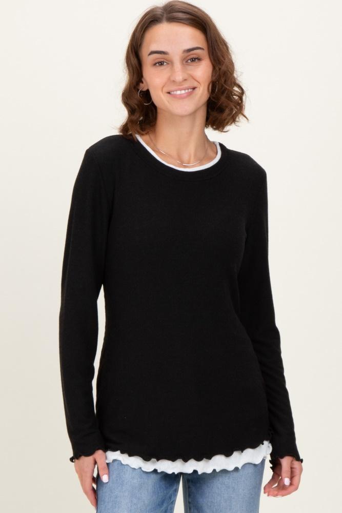 black/white ribbed long sleeve twofer top