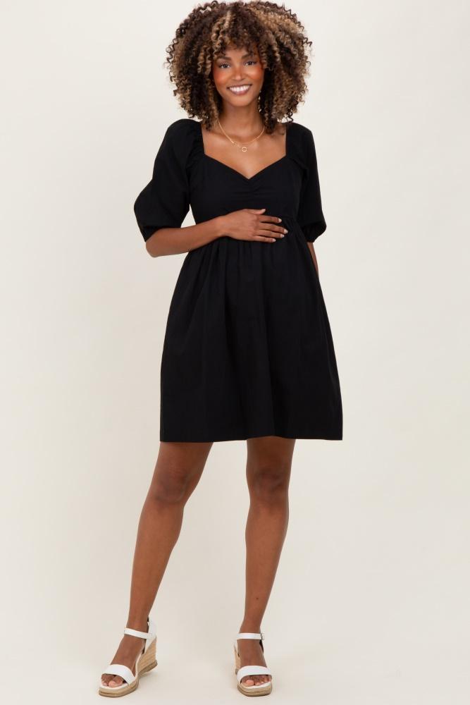 black  sweetheart neckline puff sleeve maternity dress