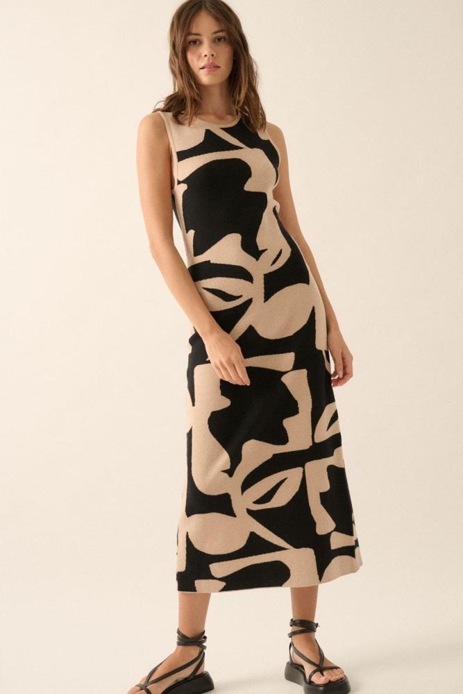 black abstract print knit sleeveless midi dress