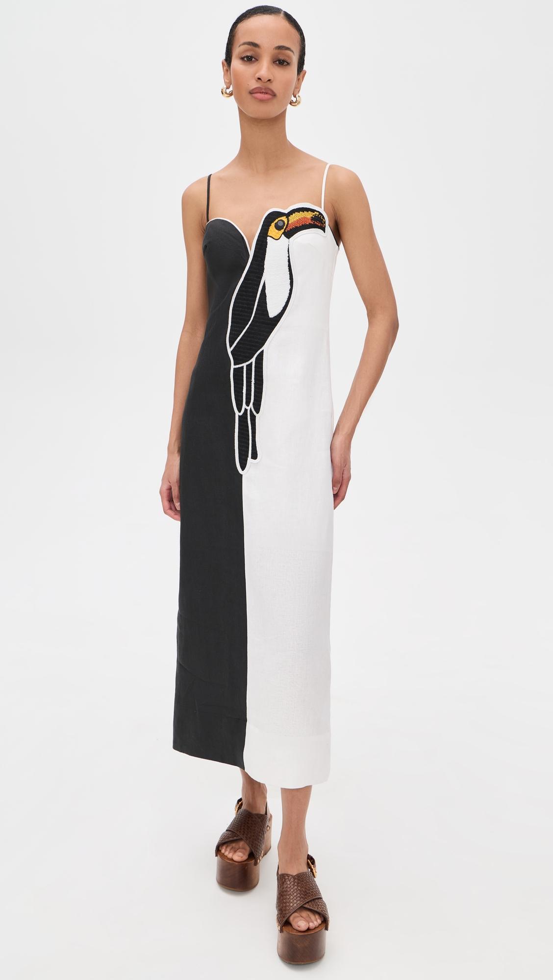 black and white embroidered toucan sleeve dress