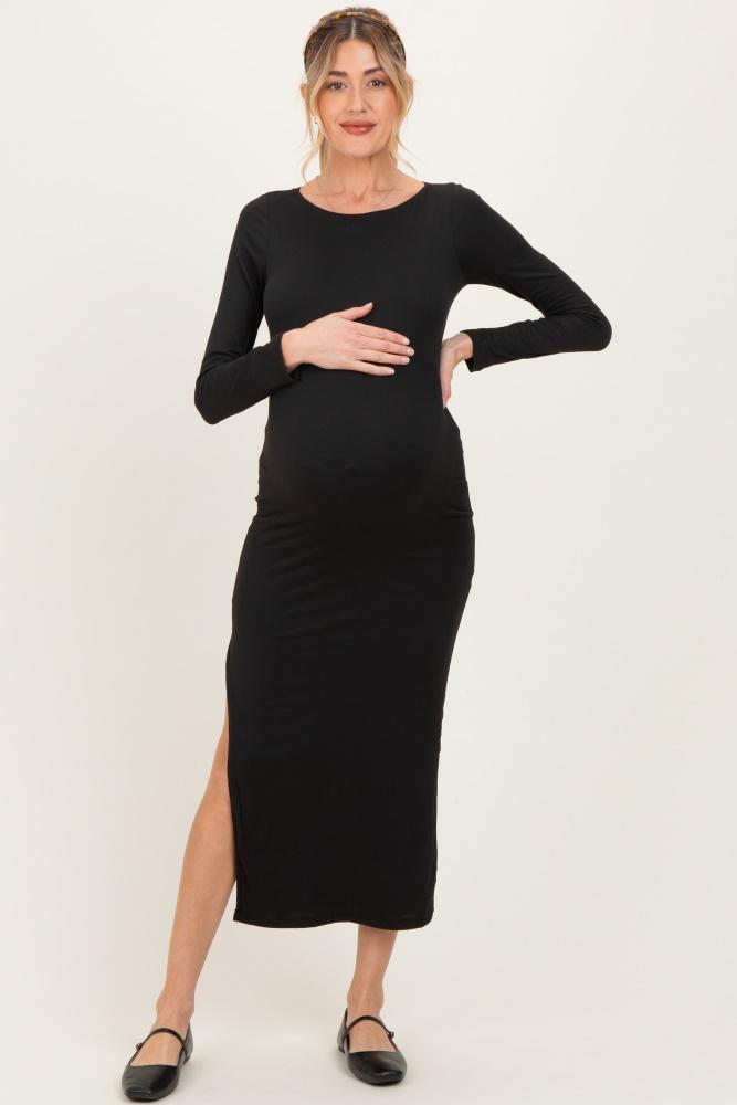 black boat neck fitted long sleeve side slit maternity maxi