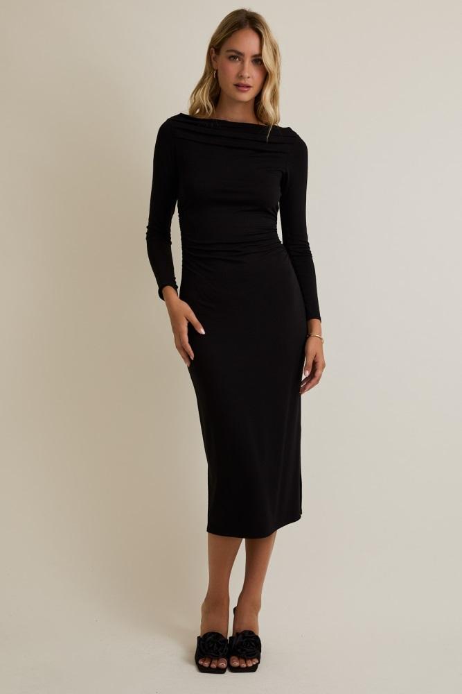 black boat neck ruched long sleeve midi dress