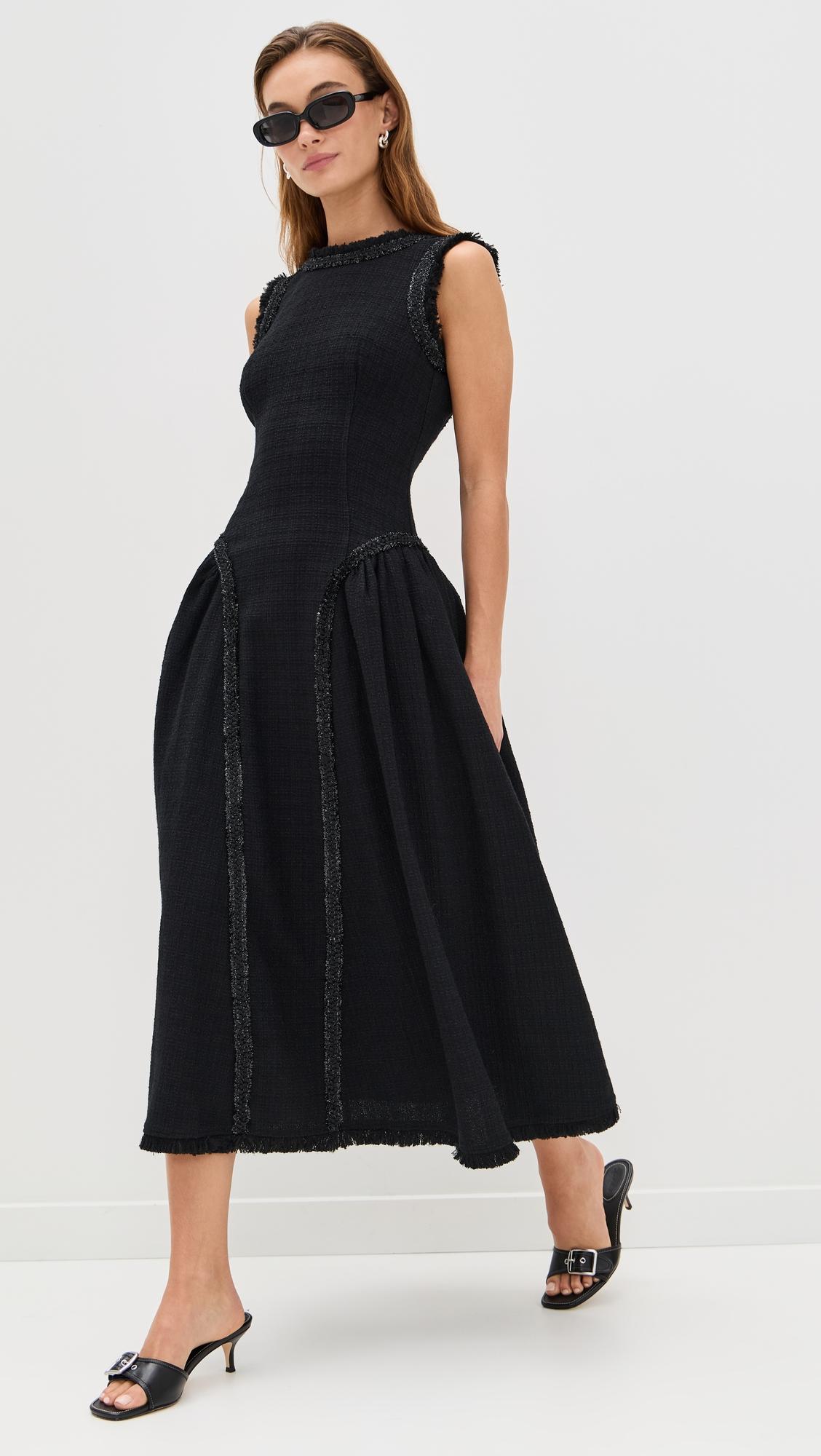 black boucle sleeveless midi dress