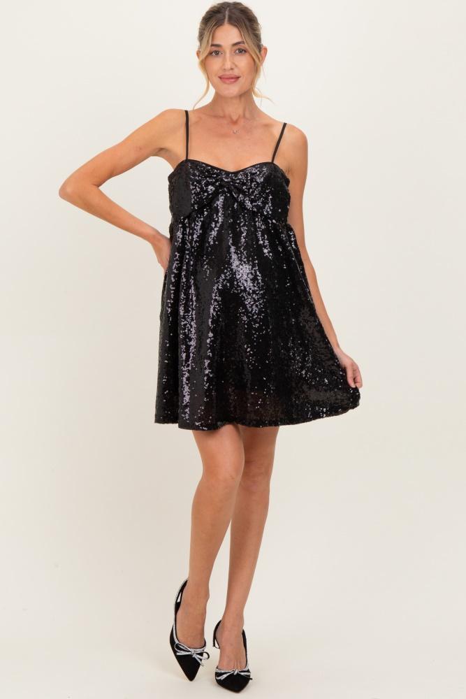 black bow front sleeveless sequin maternity mini dress