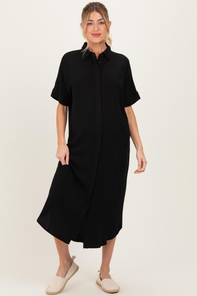 black button down maternity midi shirt dress