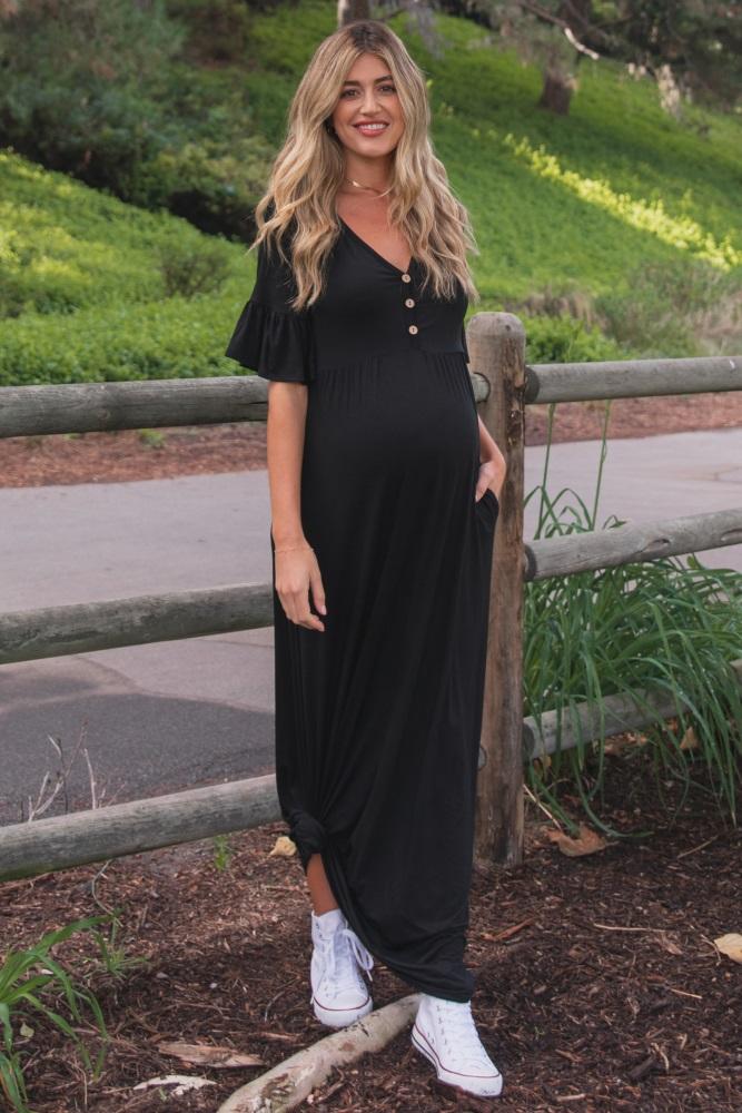 black button ruffle sleeve maternity maxi dress